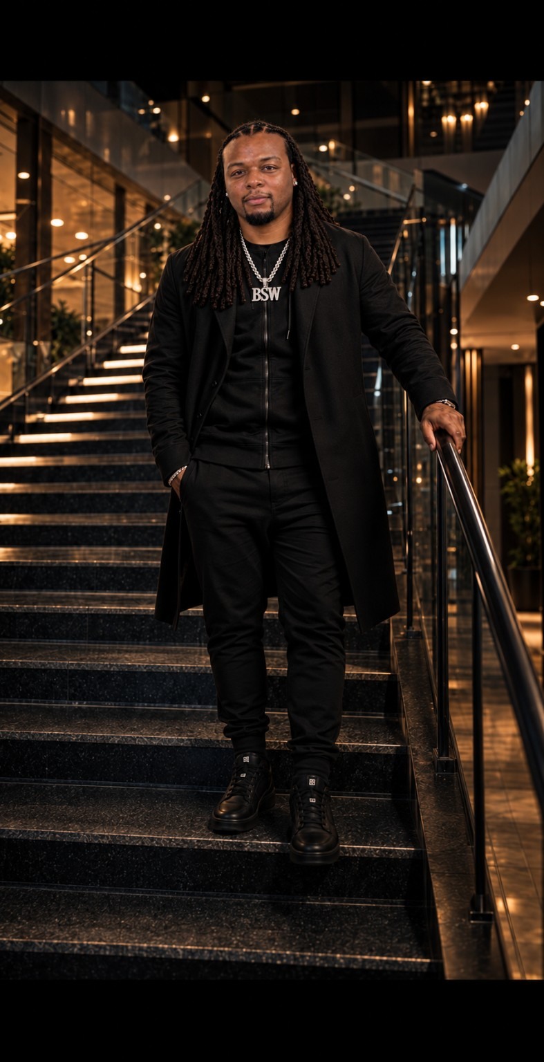 Coach Uncle Ricky standing on a staircase in a black coat with his BSW chain